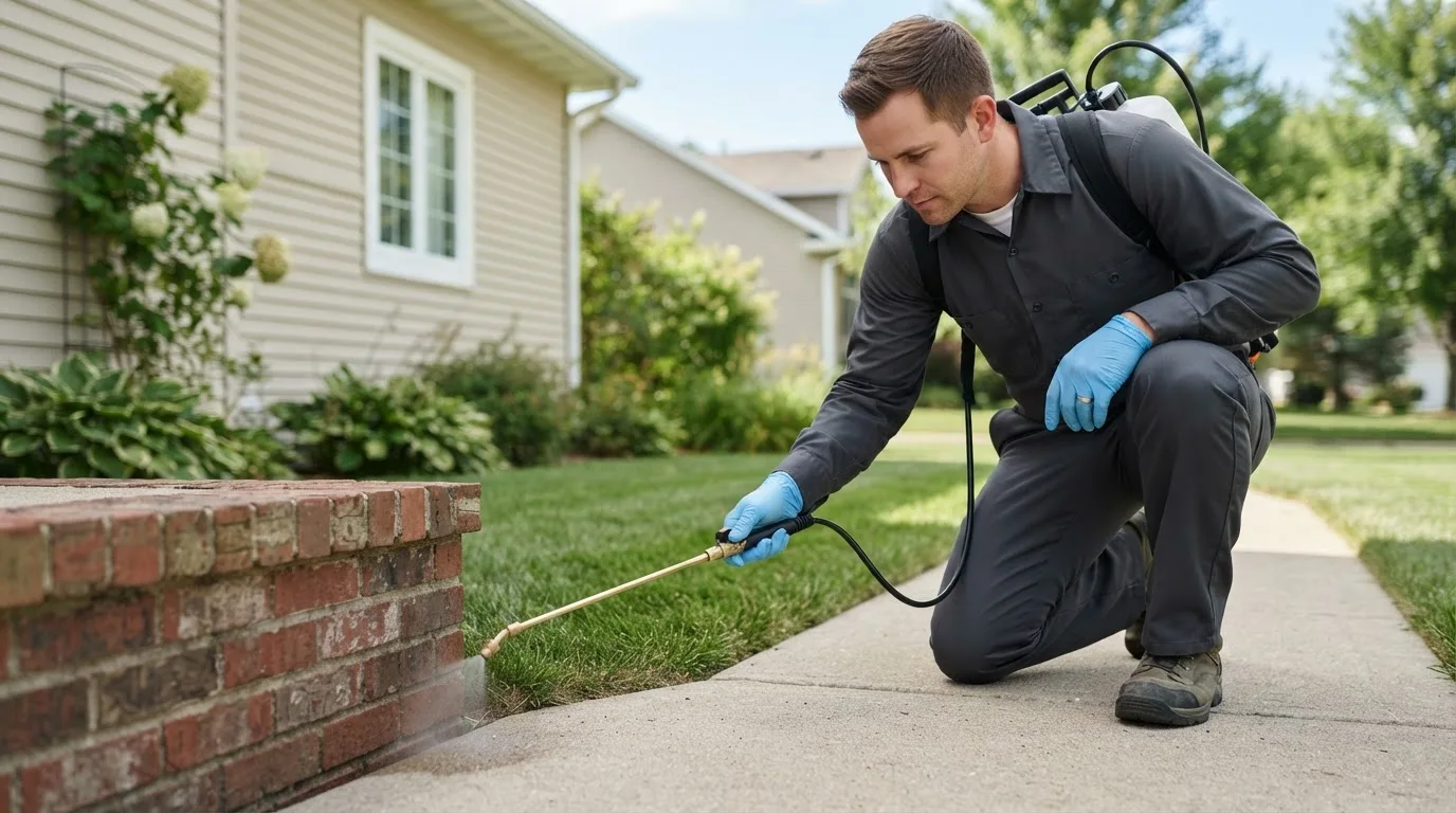 Pest control technician treating a home near Denmark, ME